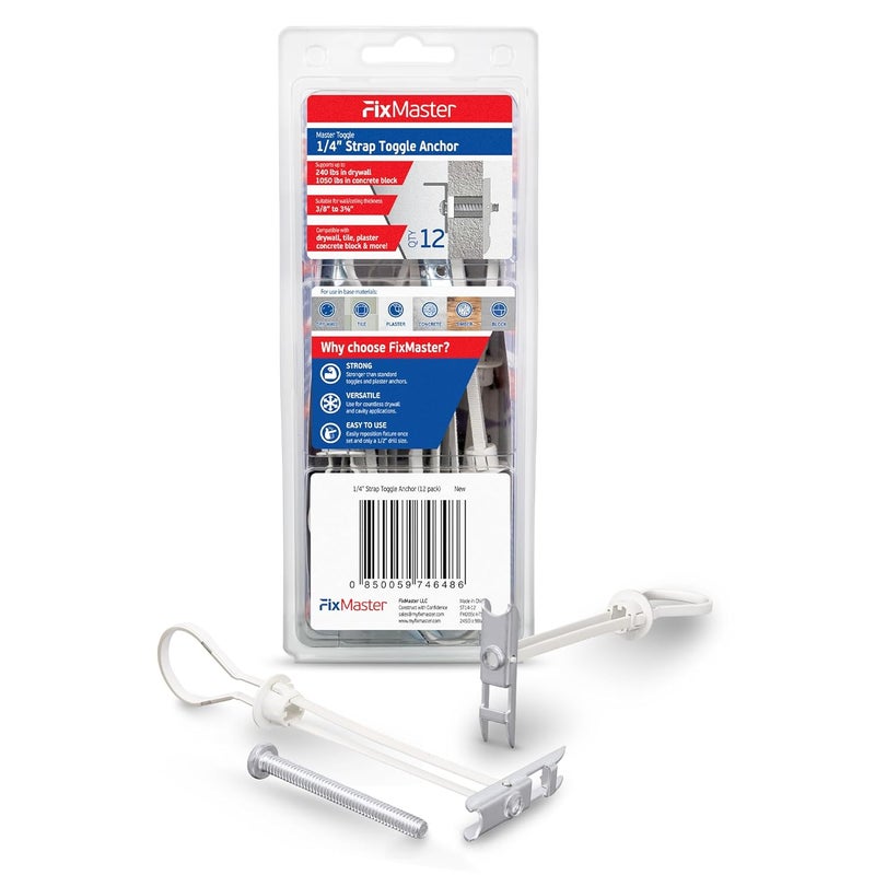 FixMaster 1/4" Heavy Duty Master Toggle-Bolt Strap Anchors (12 Pack) w/ 12 Steel Threaded Studs, 3/8" to 3-5/8" Grip Range, for 1/4"-20 Fastener Size - 240lb in 3/8-1/2" & 300lb in 5/8" Drywall Holding Strength - Image 1